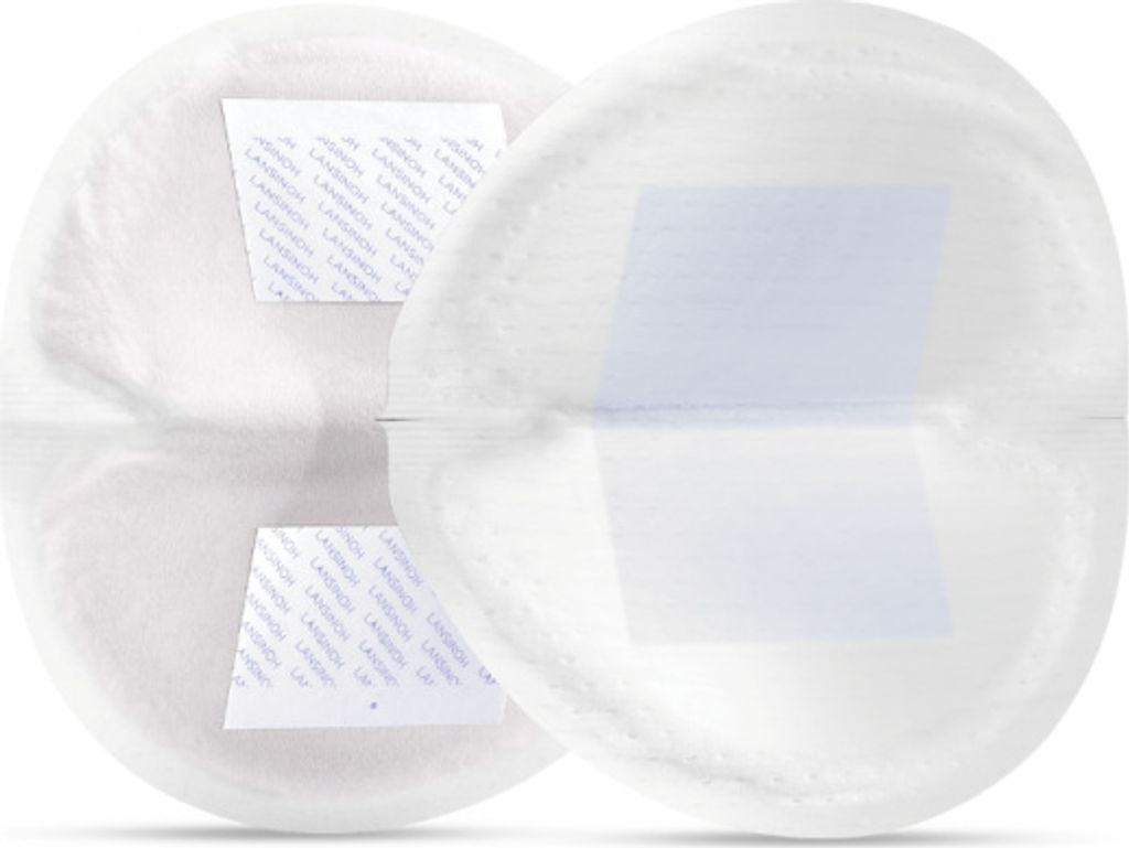 Two white disposable nursing pads are shown against a white background.