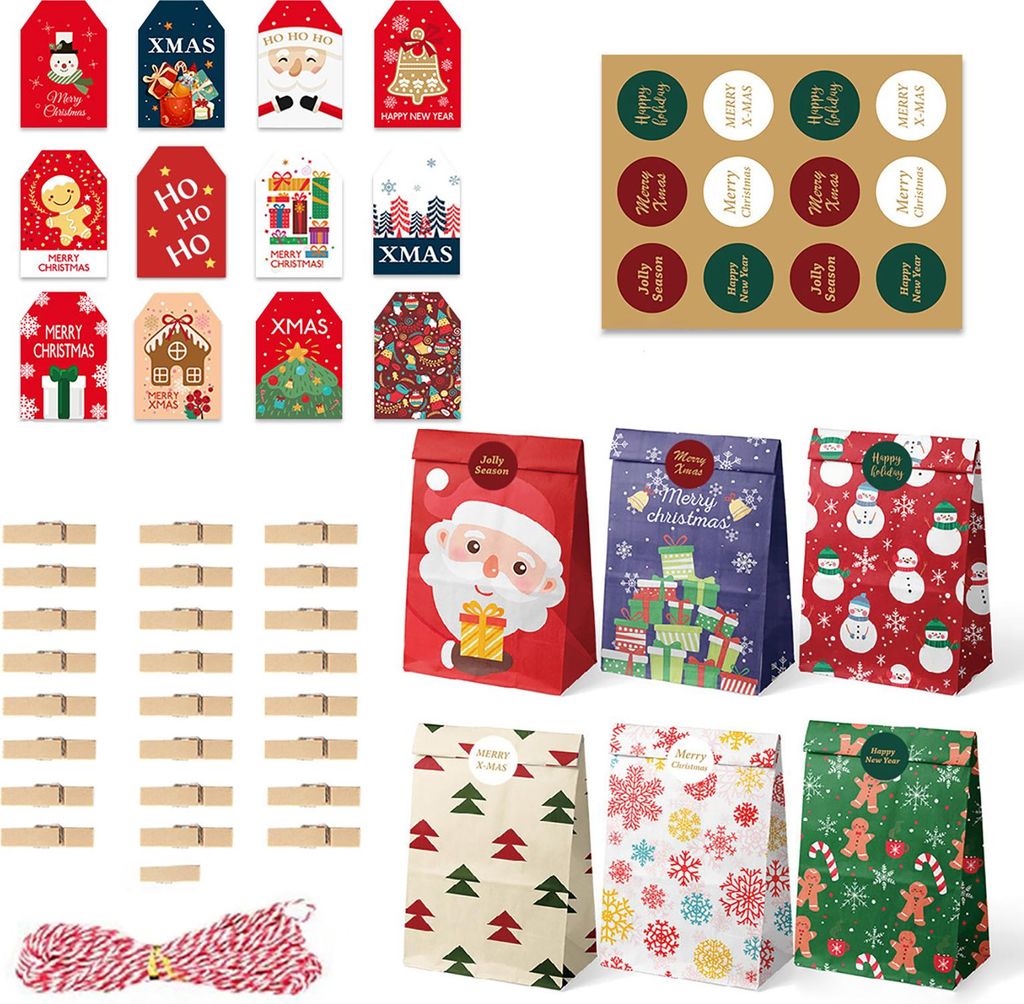 24er-Set Weihnachtsgeschenktüten mit Weihnachtsmann-, Schneemann- und Hirschmotiven, Papierboxen für Süßigkeiten, festliche Geschenktüten, Dek...
