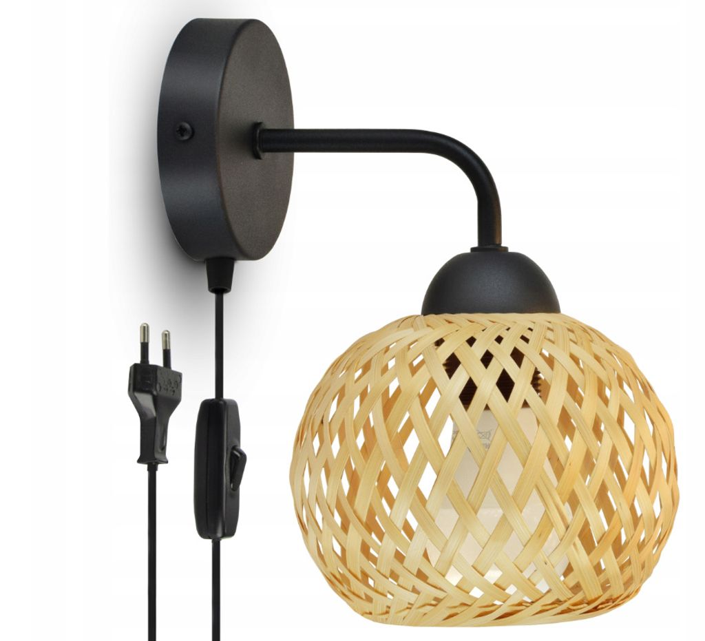 Luxolar Wandlampe mit Schalter und Stecker Natural Bambus E27 60W - Wandleuchte Innen für Wohnzimmer, Küchen