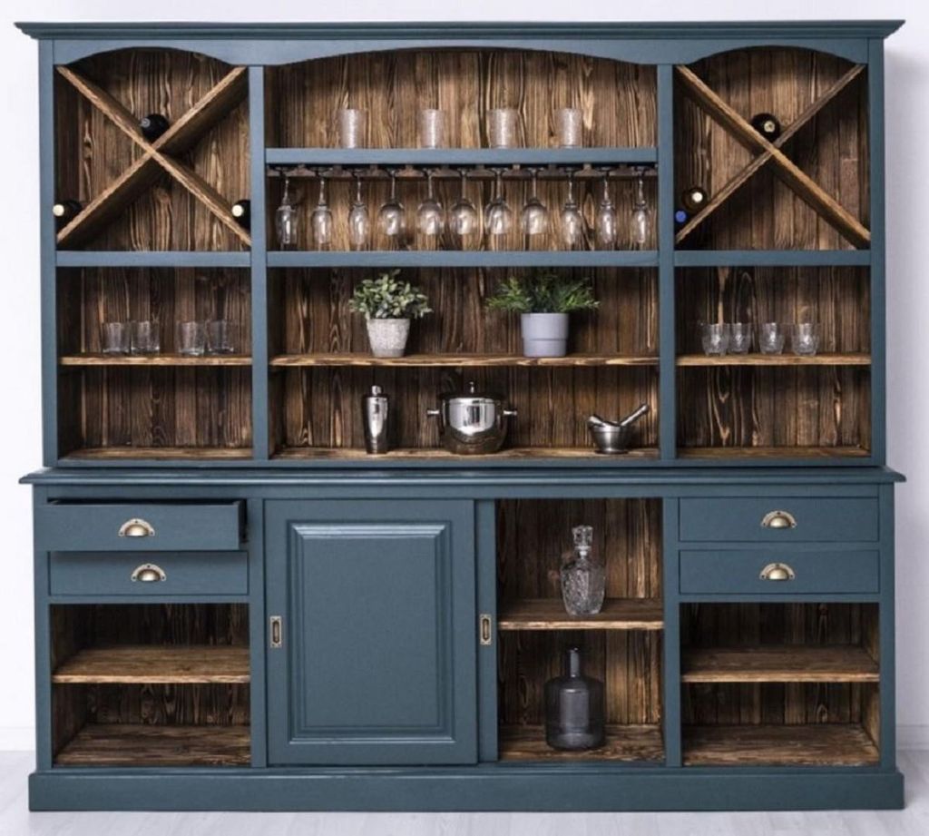 Casa Padrino Landhausstil Barschrank Blau / Dunkelbraun 240 x 50 x H. 210 cm - Massivholz Weinschrank im Landhausstil - Landhausstil Möbel - Bar M...