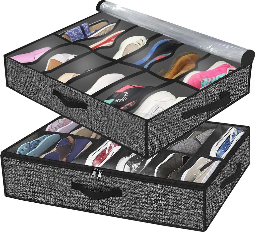 2er-Pack Schuhaufbewahrungstaschen mit transparentem Fenster – Schuh-Organizer zur Aufbewahrung, 12 Fächer, Unterbett-Aufbewahrungsbox, schwarze...