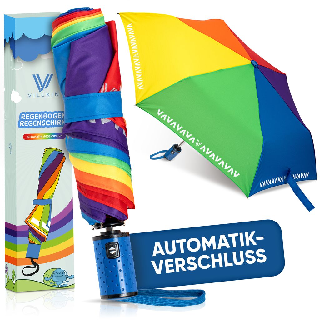 Villkin Kinder Regenschirm Regenbogen mit Reflexstreifen - sturmfest mit Auf-Zu-Automatik, robust und hochwertig - 97cm breiter Taschenregenschirm
