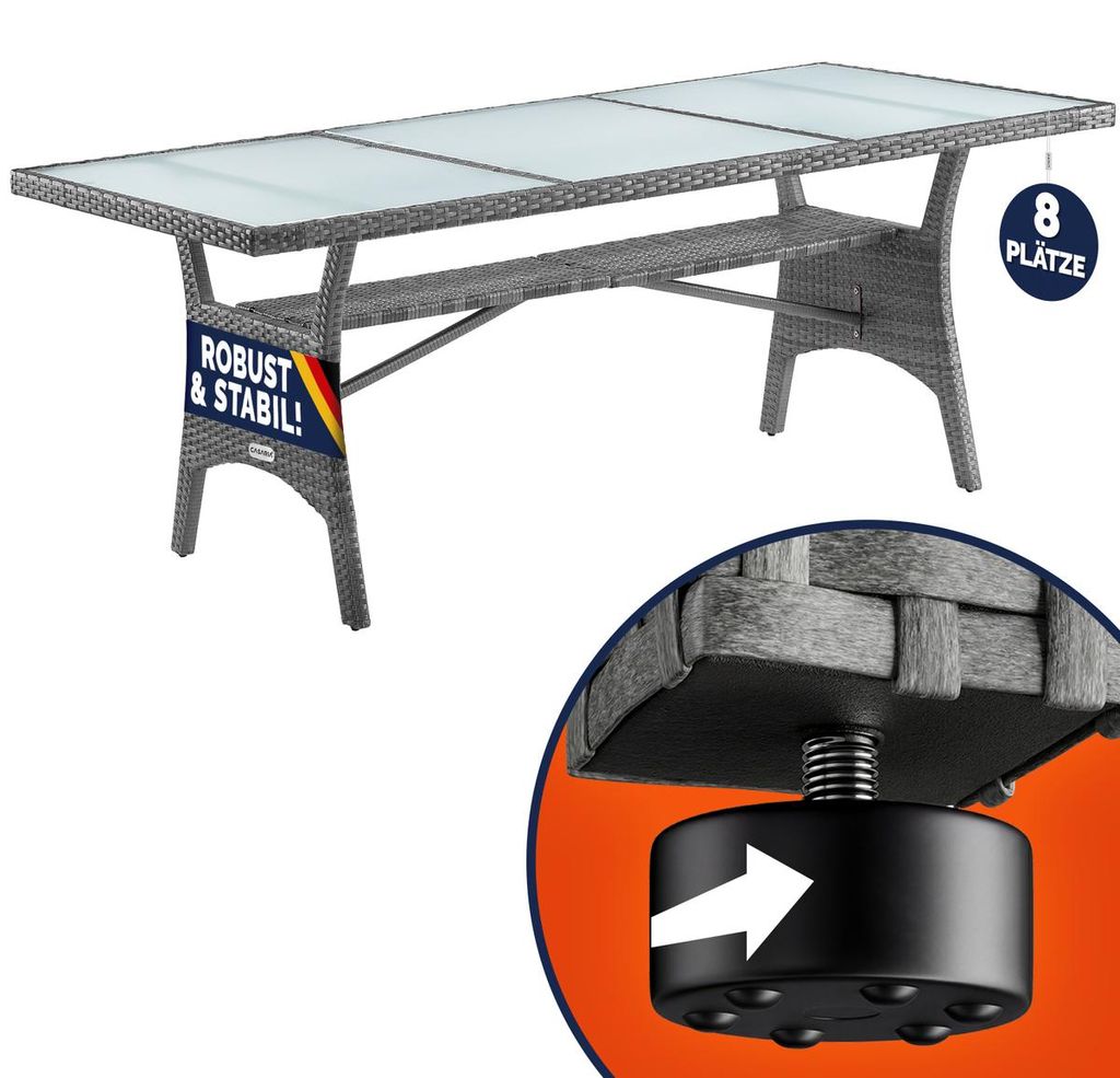 CASARIA Polyrattan Gartentisch 190x90x74cm mit Ablage Glas Tischplatte Höhenverstellbar Wetterfest Garten Terrasse Balkon Tisch Esstisch Gartenm...