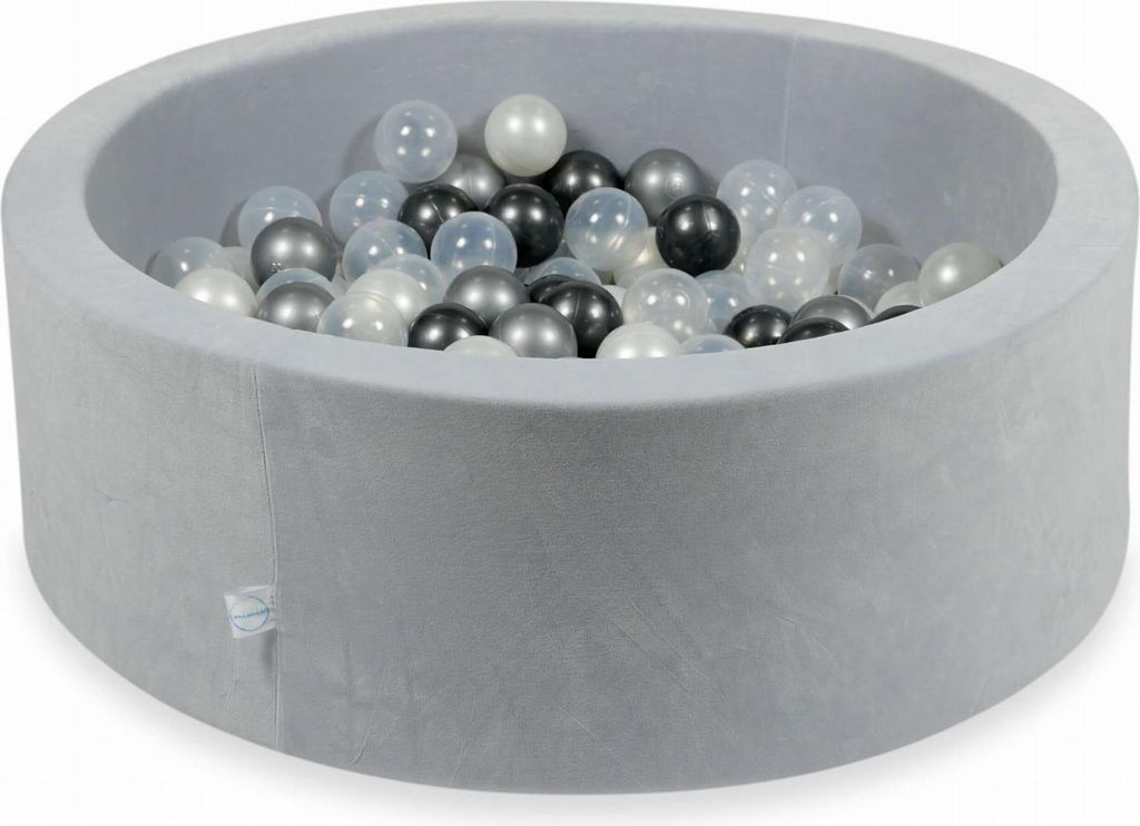 Trockenbecken 90x30cm Velvet Soft Light Grey mit 200 Bällen: Perlmutt, Transparent, Metallic Graphit, Silber