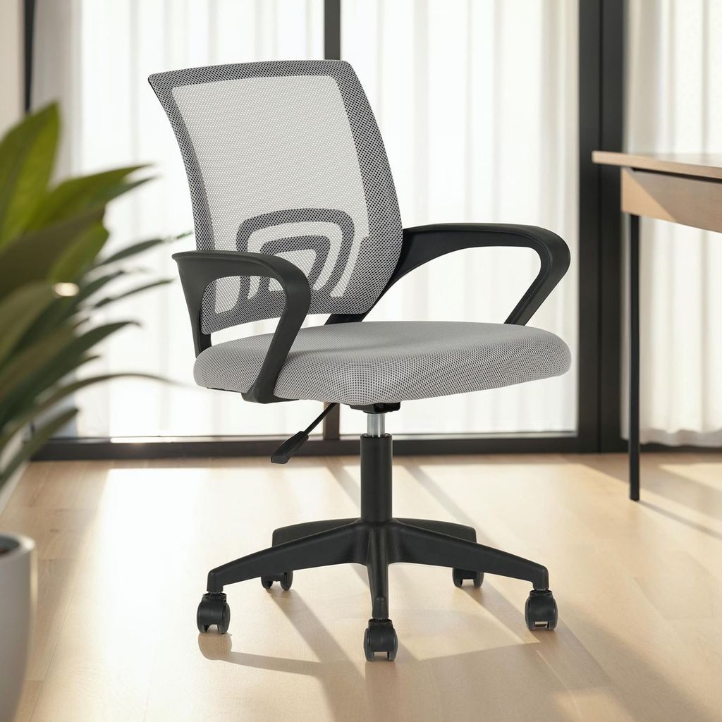 Bürodrehstuhl JAKE höhenverstellbar mit Armlehnen in grau. Ergonomischer Schreibtischstuhl mit atmungsaktivem Mesh-Bezug. Drehstuhl mit Rollen f...