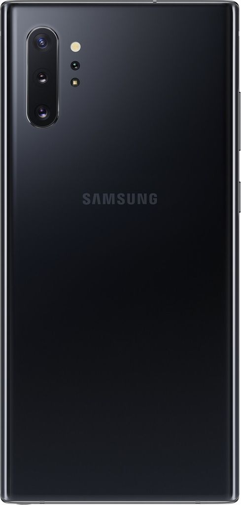 The back of a black Samsung Galaxy Note 10+ smartphone.