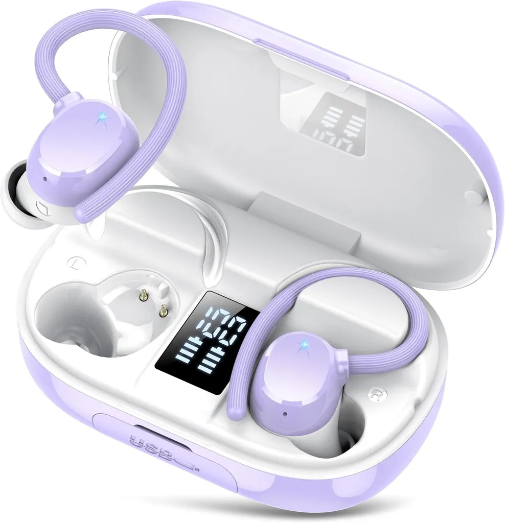 Cuffie Bluetooth sportive senza fili, batteria ricaricabile da 128 ore, Bluetooth 5.3, cancellazione del rumore ENC, bassi HiFi, impermeabilità IPX7, gancio per l'orecchio, display LED, custodia di ricarica USB-C