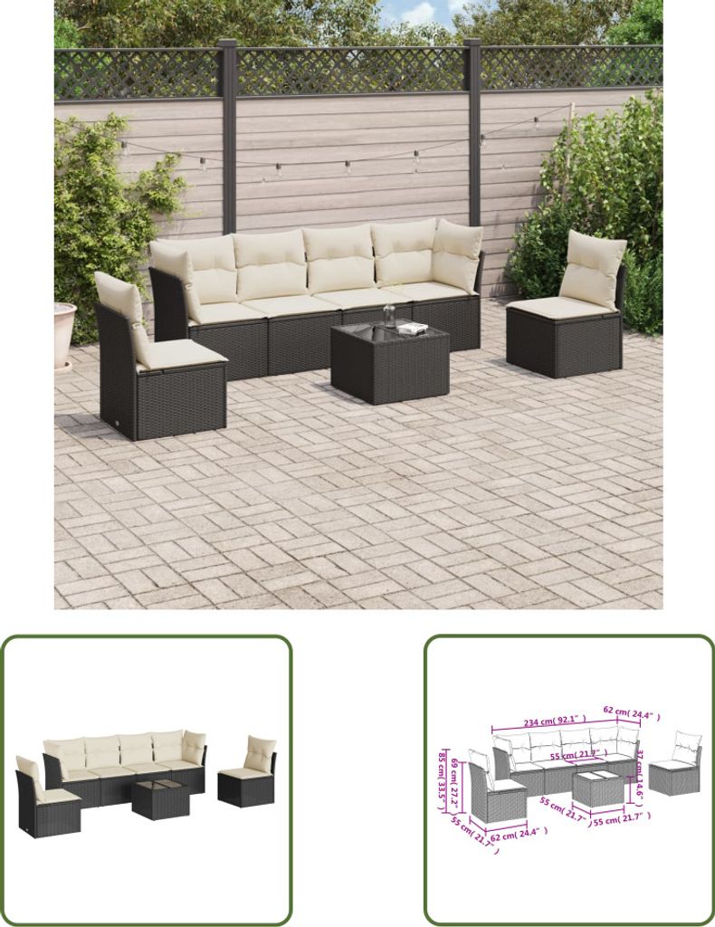 The Living Store 7-tlg. Garten-Sofagarnitur mit Kissen Schwarz Poly Rattan