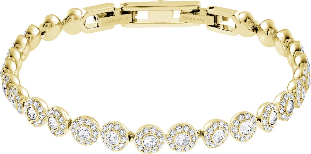 A close-up studio shot of a gold-toned bracelet with clear crystals.