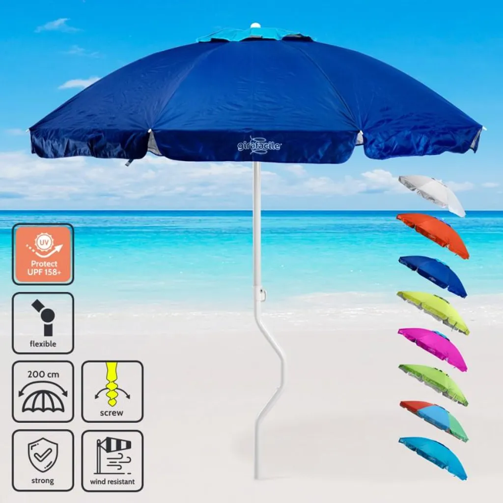 Parasol ERMES GiraFacile bleu Ø 200cm : système breveté et protection UPF