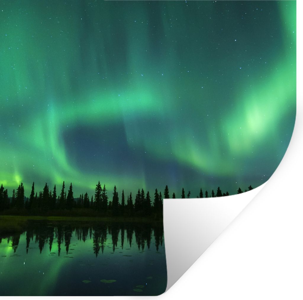 MuchoWow Wandtattoo Wandsticker Wandaufkleber Nordlicht - Bäume - Wasser - Alaska 30x30 cm Selbstklebend und Repositionierbar - Repositionierbar...