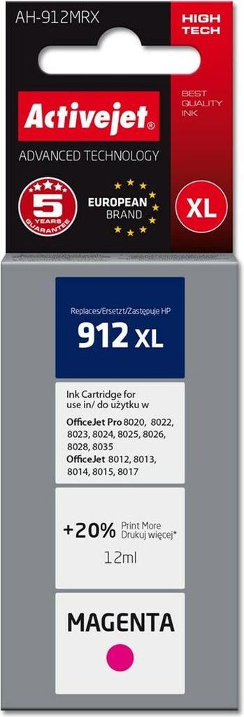 Activejet Zamiennik tuszu do drukarki HP 912XL czerwony 12 ml 990 stron