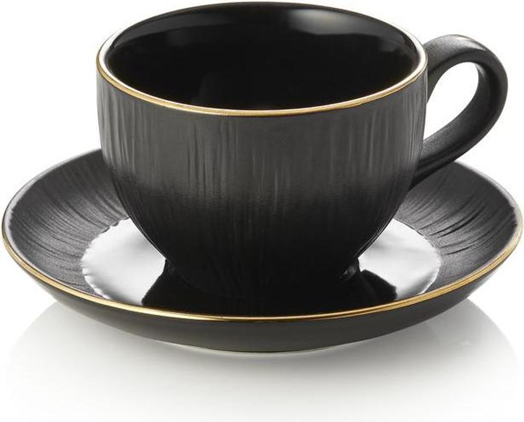 4x Cappuccinotasse mit Untertasse Set MAYA KURO, 200 ml, schwarz, Porzellan