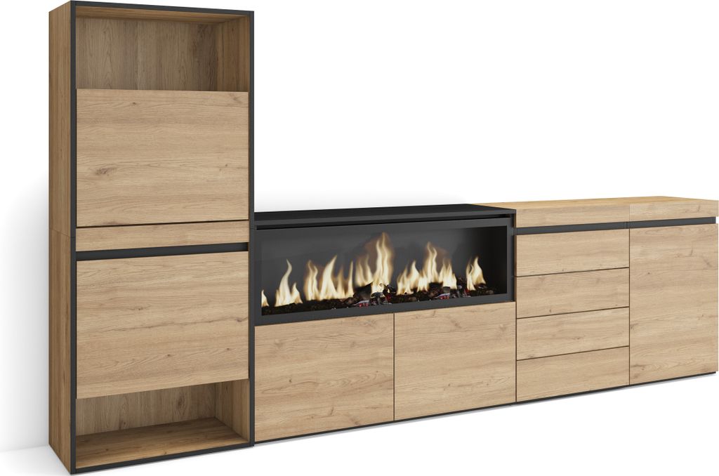 Schuhregal, Schuhschrank, 274x35x145 cm, Für Schlafzimmer, Zimmer, Elektrokamin XXL, Kommode mit Schubladen, Eiche