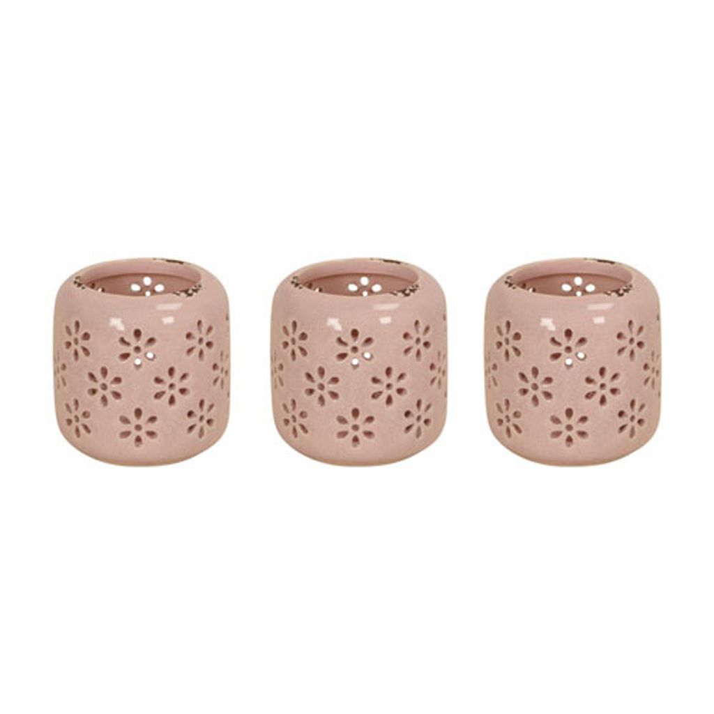 3tlg. Windlicht RETRO FLOWER rosa aus Steinzeug H9,5cm mit Produktbild 