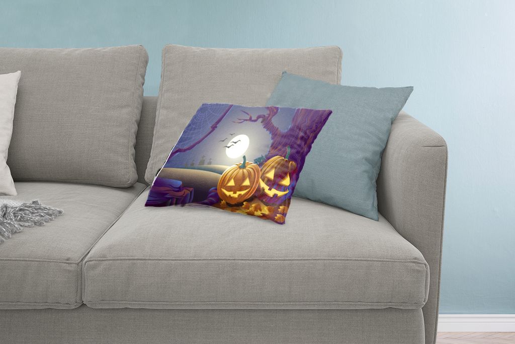MuchoWow Zierkissen Sofakissen Wohnzimmer Dekokissen 60x40 cm Zwei Kürbisse in einer Halloween-Nacht in einer Illustration - Kopfkissen - Polste...
