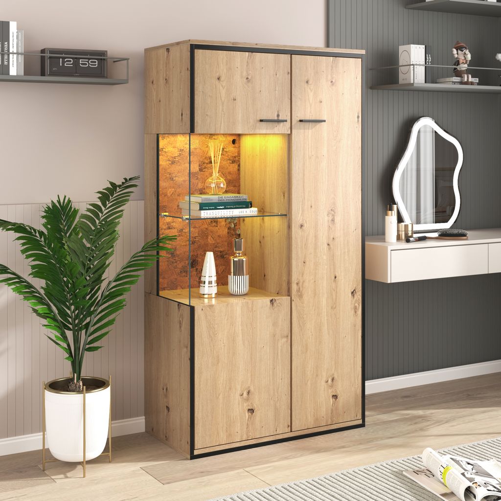 A modern display cabinet with integrated lighting in a room setting, next to a vanity table.