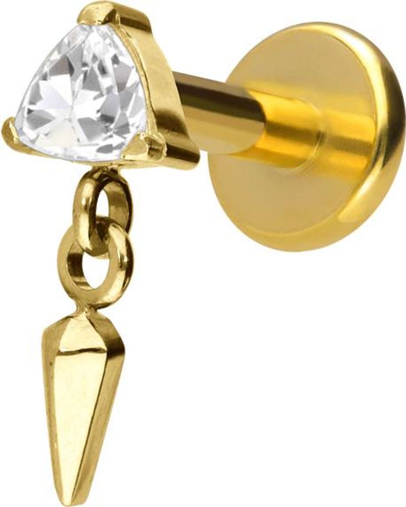 Ohrpiercing, Nasenpiercing Titan Labret mit Innengewinde KRISTALLDREIECK +SPITZE Gold Stablänge: 7mm | Stabstärke: 1,2mm
