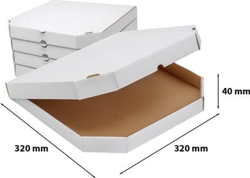 A stack of white pizza boxes with one box open, showing its brown interior. Dimensions are indicated.