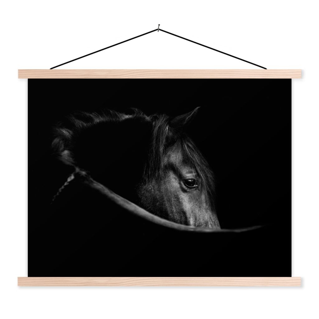 MuchoWow Textilposter Pferde - Porträt - Schwarz - Tiere 120x90 cm mit holzfarbenen Rahmen - Magnetisch
