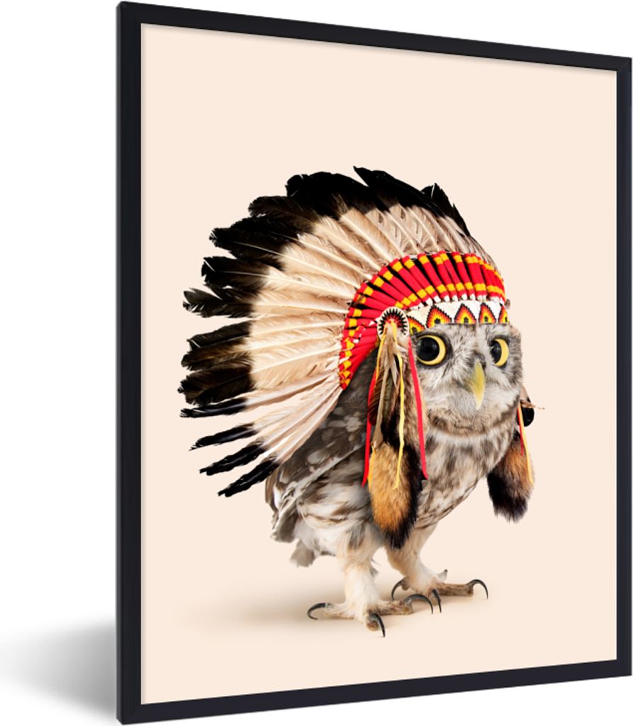 MuchoWow Gerahmtes Poster Tier - Eule - Indianer - Vogel 30x40 cm - Poster mit Schwarzem Bilderrahmen Wandposter Rahmen Foto Bilder - Wanddeko - ...