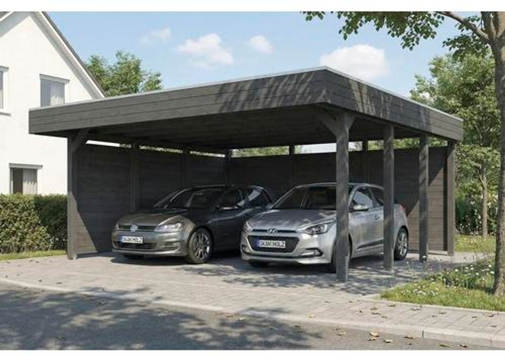Doppelcarport SKAN HOLZ Friesland inkl. Rückwand, Seitenwand, Pfostenanker 546 x 555 cm schiefergrau