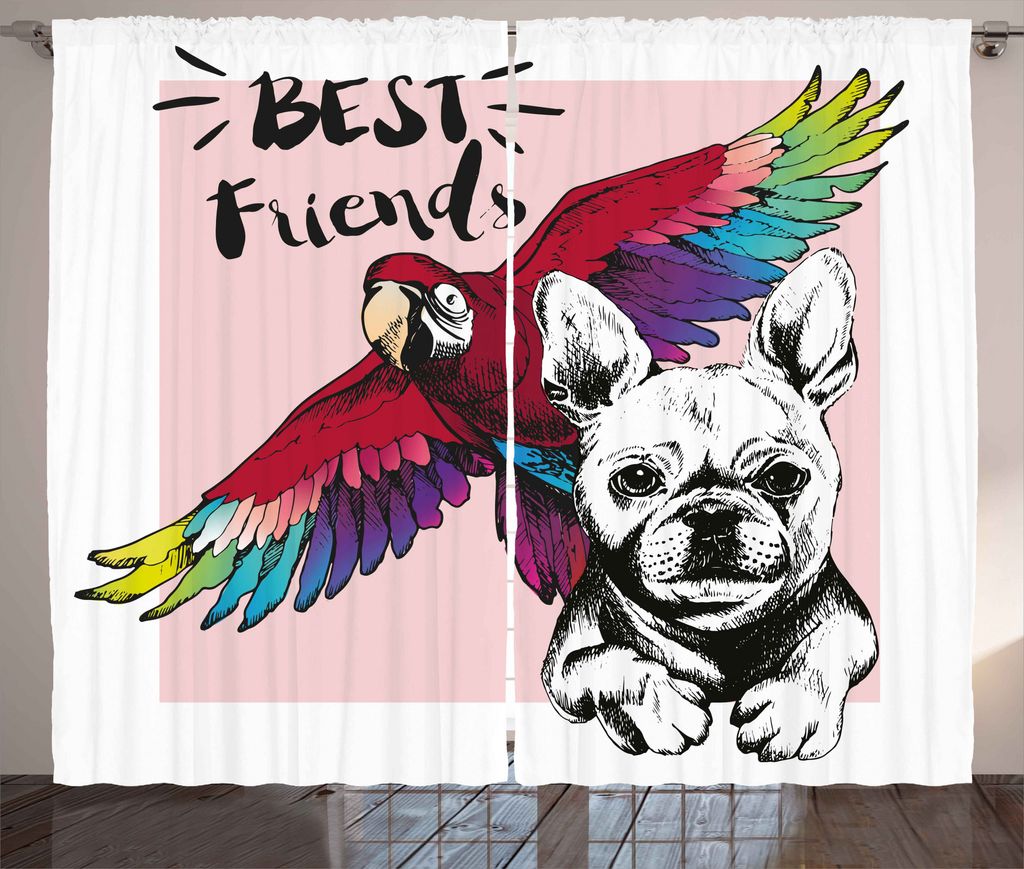 ABAKUHAUS Modern Rustikaler Vorhang, Bulldogge Papagei Freunde, Wohnzimmer Universalband Gardinen mit Schlaufen und Haken, 280 x 225 cm, Mehrfarbig