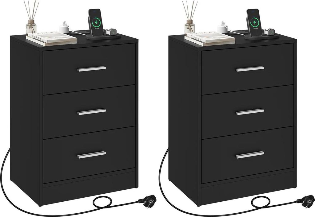 Nachttisch - Beistelltisch 2er-Set - 3 Schubladen - 39×28,5×54,5 cm - E1-Spanplatte & MDF - 30 kg Tragkraft - Schwarz