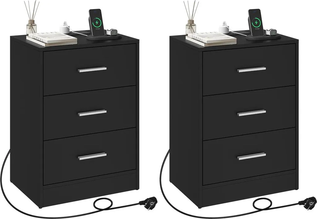 Table de chevet avec 3 tiroirs et port USB bois noir - Lot de 2 de 54 cm