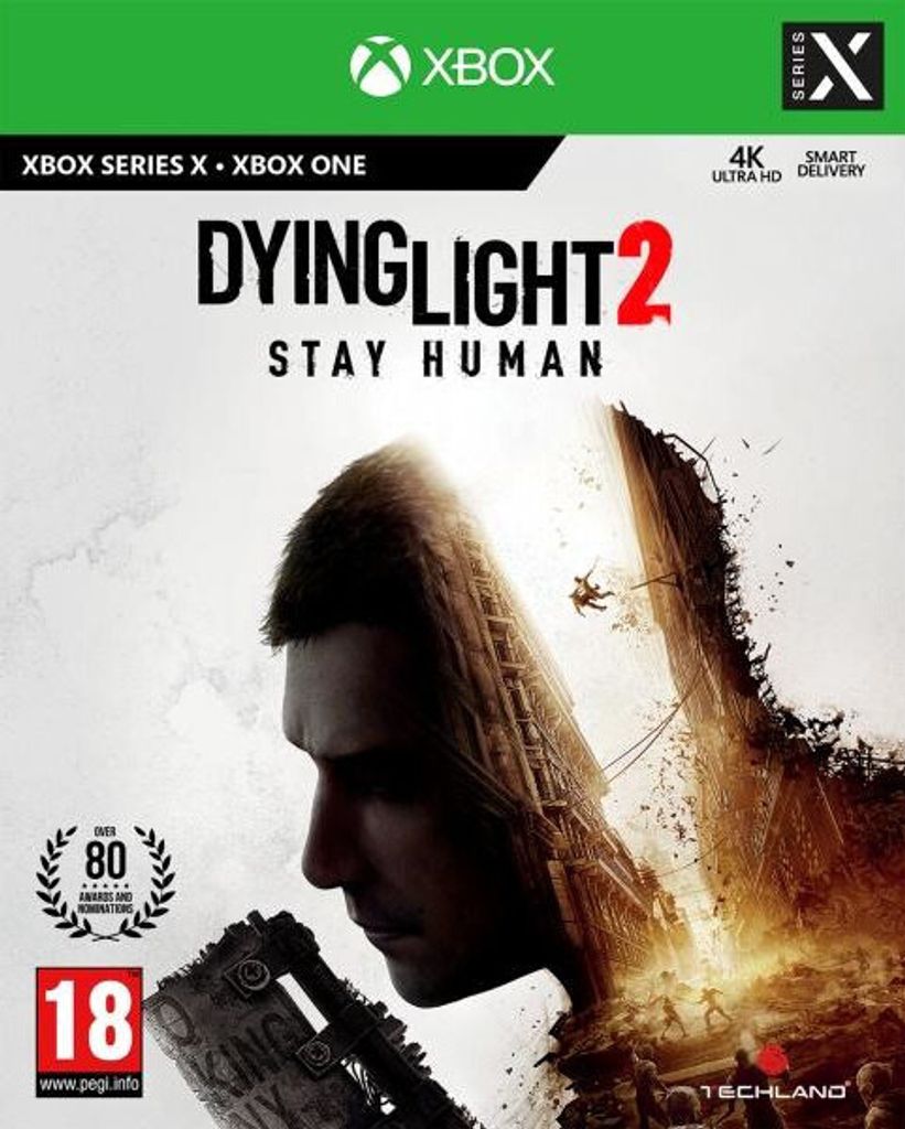The cover art for the video game Dying Light 2: Stay Human, featuring a close-up of a man's face with a city skyline superimposed.