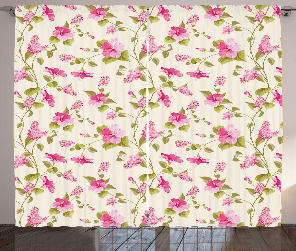 Rideau à ruban froncé floral 280x225 cm pour décoration chambre Rose