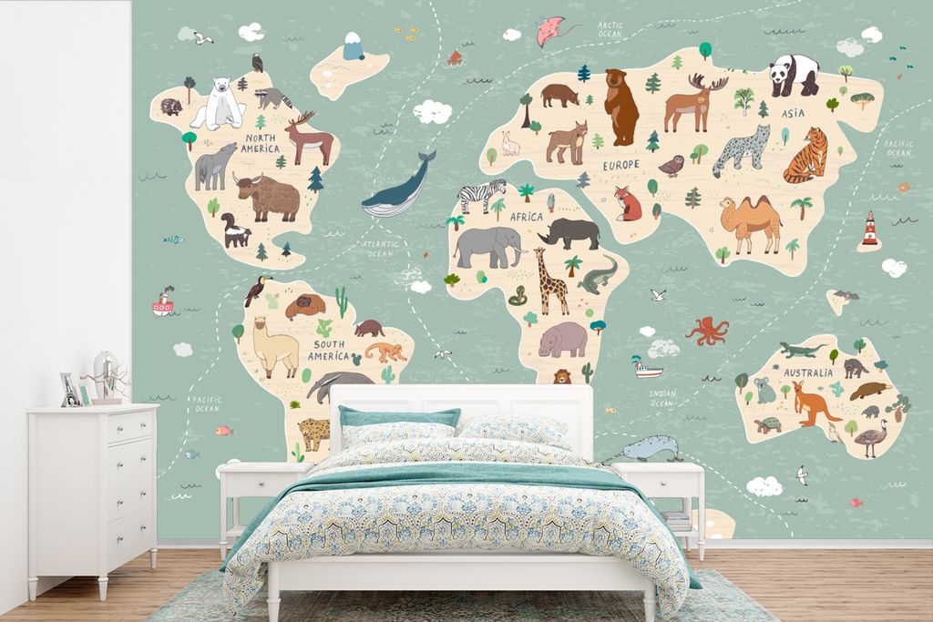 MuchoWow Fototapete für Wohnzimmer oder Schlafzimmer Wandtapete Vinyl Motivtapete Erde - Weltkarte Kinder - Tiere - Jungen - Mädchen - Blau - 6...