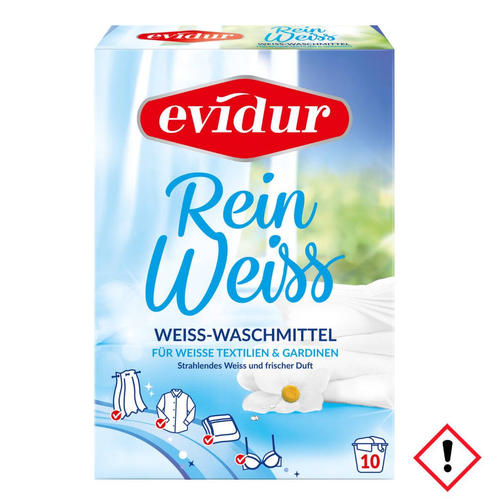A box of Evidur Reinweiß laundry detergent for white textiles and curtains.