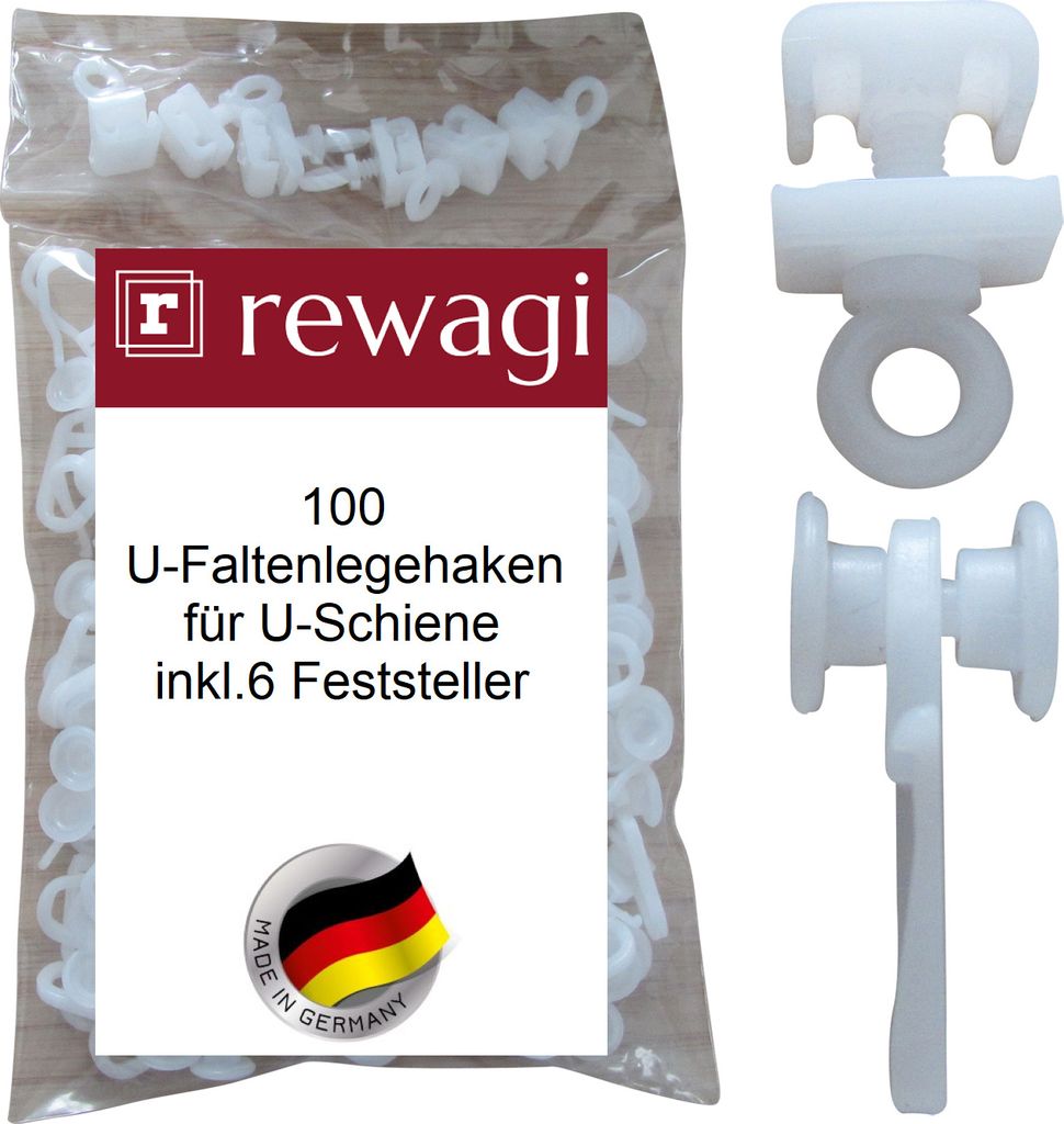 100 rewagi U-Faltenrollen inkl. 6 Feststeller für U-Schiene, Gardinenhaken- WRO