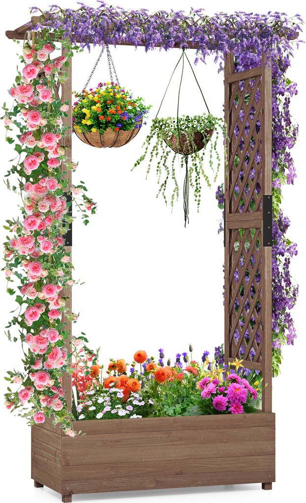 COSTWAY Hochbeet mit Rankgitter und hängendem Dach, Pflanzkasten Rankhilfe Holz 110x44x182cm Braun