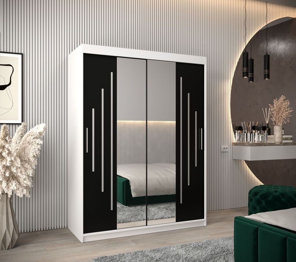 Kleiderschrank mit Spiegel KATI – Breite 150 cm, weiß/schwarz