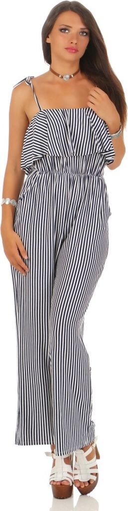 204 Damen Overall 2 in 1 Optik Bandeau Top lange Hose schulterfreier langer Jumpsuit gestreifter Einteiler mit Volants und tailliert One Size S M L...