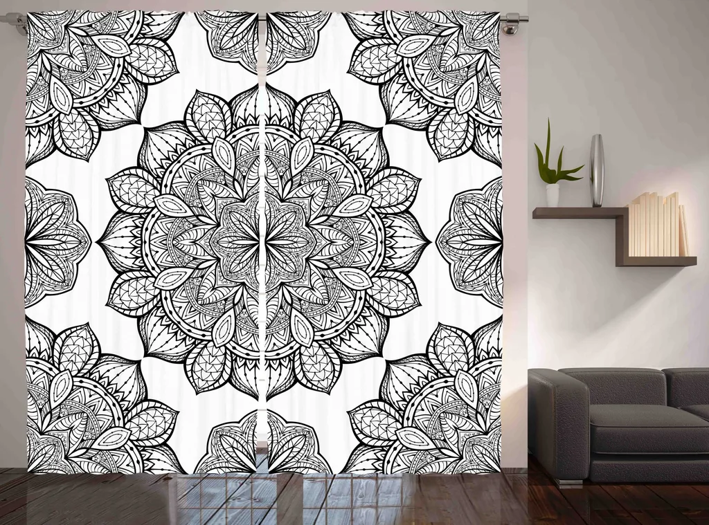 Rideau Mandala artistique noir et blanc avec crochets - 280x225cm