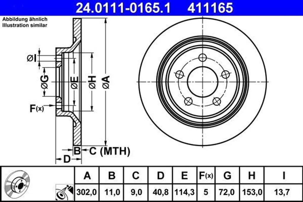 Disque de frein arrière ATE pour Mazda 5 série 24.0111-0165.1 robuste