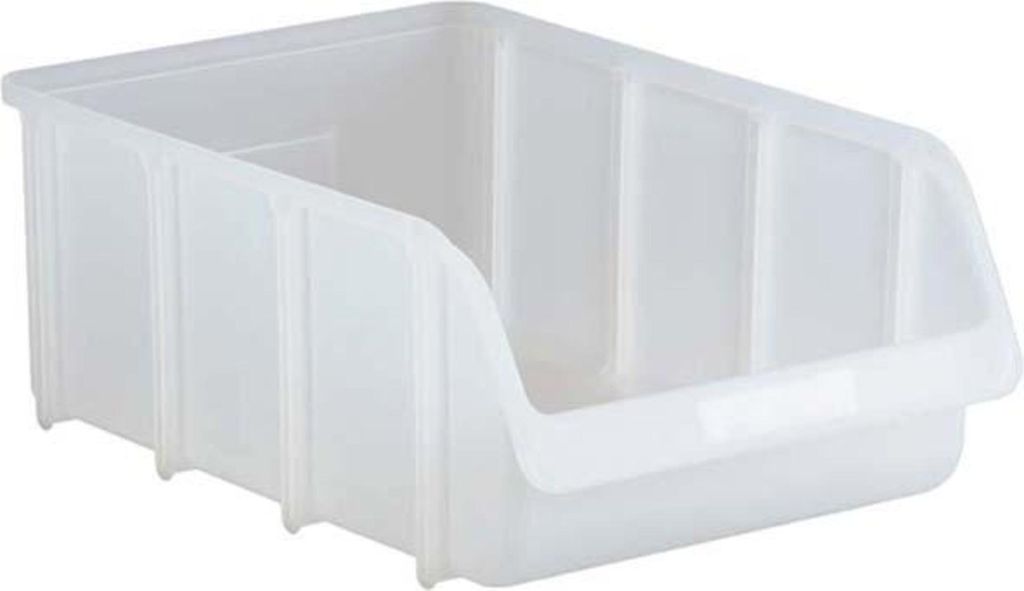 A clear, studio shot of a white plastic storage bin.