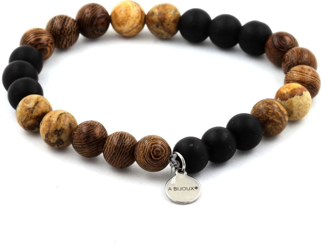 Armband Landschaftsjaspisperlen + Mattschwarzer Onyx + Holz 8 mm