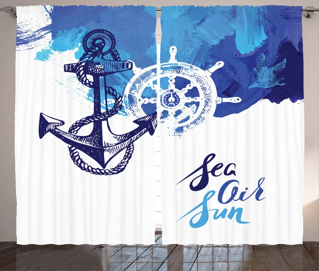 Rideau Motif Marine Blanc et Bleu avec Bande Universelle 280x225cm
