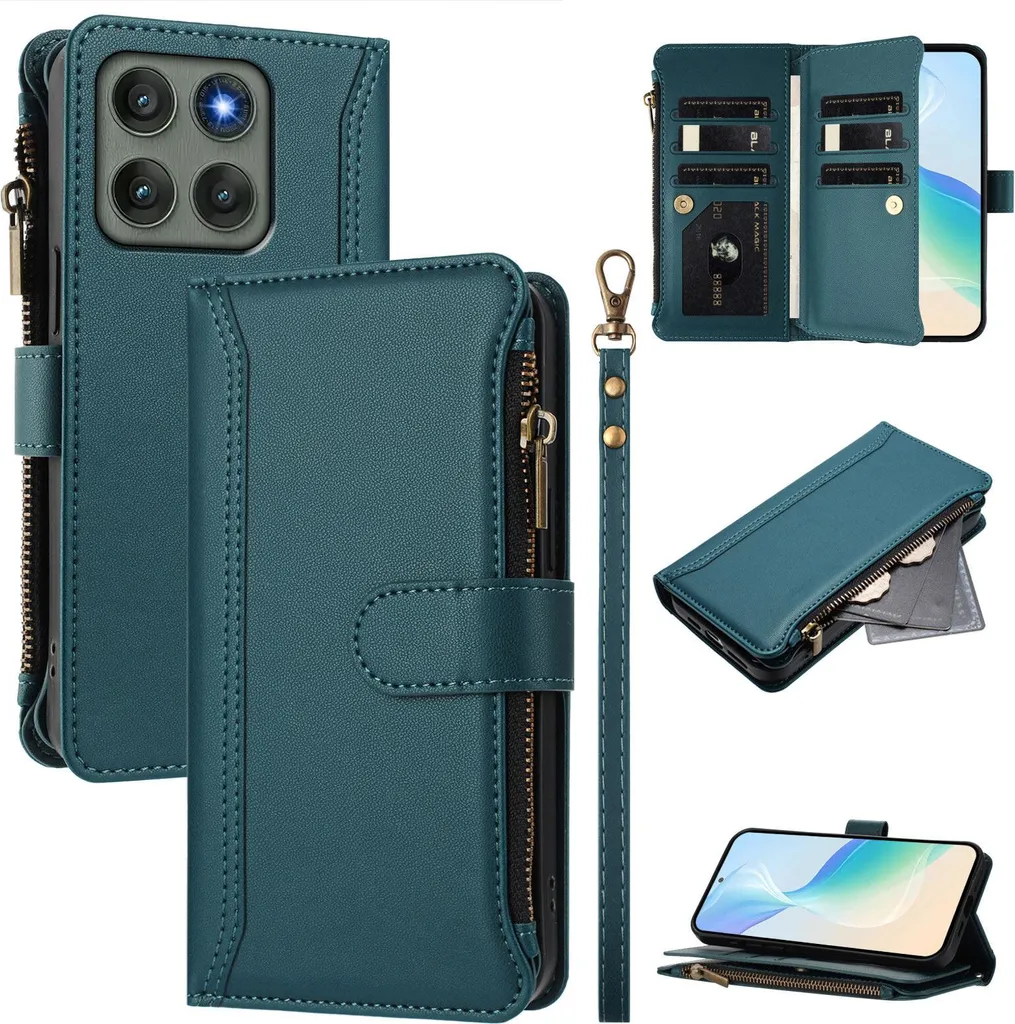 Custodia a Libro Motorola Moto Edge 60 Pro Verde in Stile Retrò con Zip