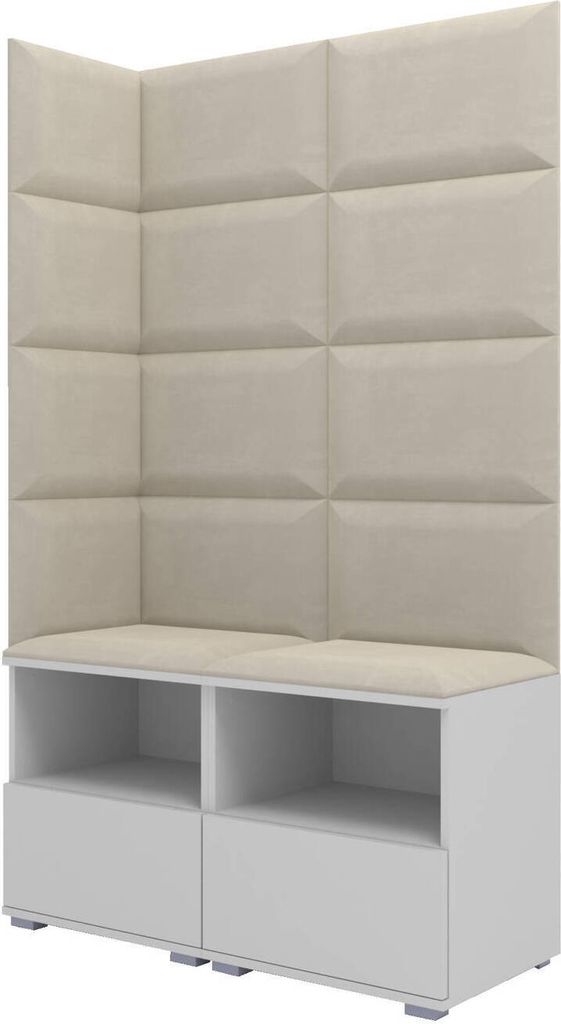 Garderoben-Set Nela V, Polstergarderobe mit zwei Schuhschränke, Flurmöbel mit Wandpaneele (Farbe: Weiß + Trinity 01 (Creme))