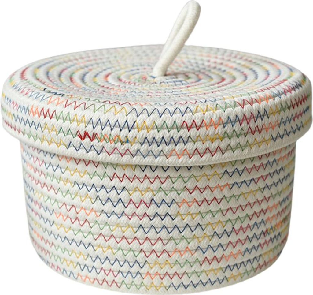Aufbewahrungskorb mit Deckel, kleiner Schreibtischkorb, runder Korb aus Baumwollseil mit Deckel, dekorative Aufbewahrungsbox, weiß