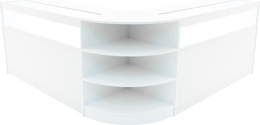 Weißes Ladentresen-Set Theseus LED Licht B1500 LM60 mit abschließbaren Schiebetüren, Schlüsseln, 3 Verkaufseinheiten, Glasvitrine, Eckmöbel f...