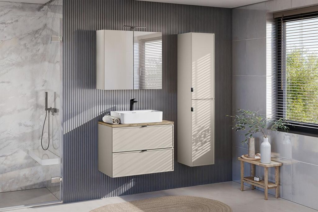 Design Badmöbel Set mit Waschbecken BELLA CASHMERE 80 cm MDF SOFT-CLOSE LED komplettes Badmöbel Set
