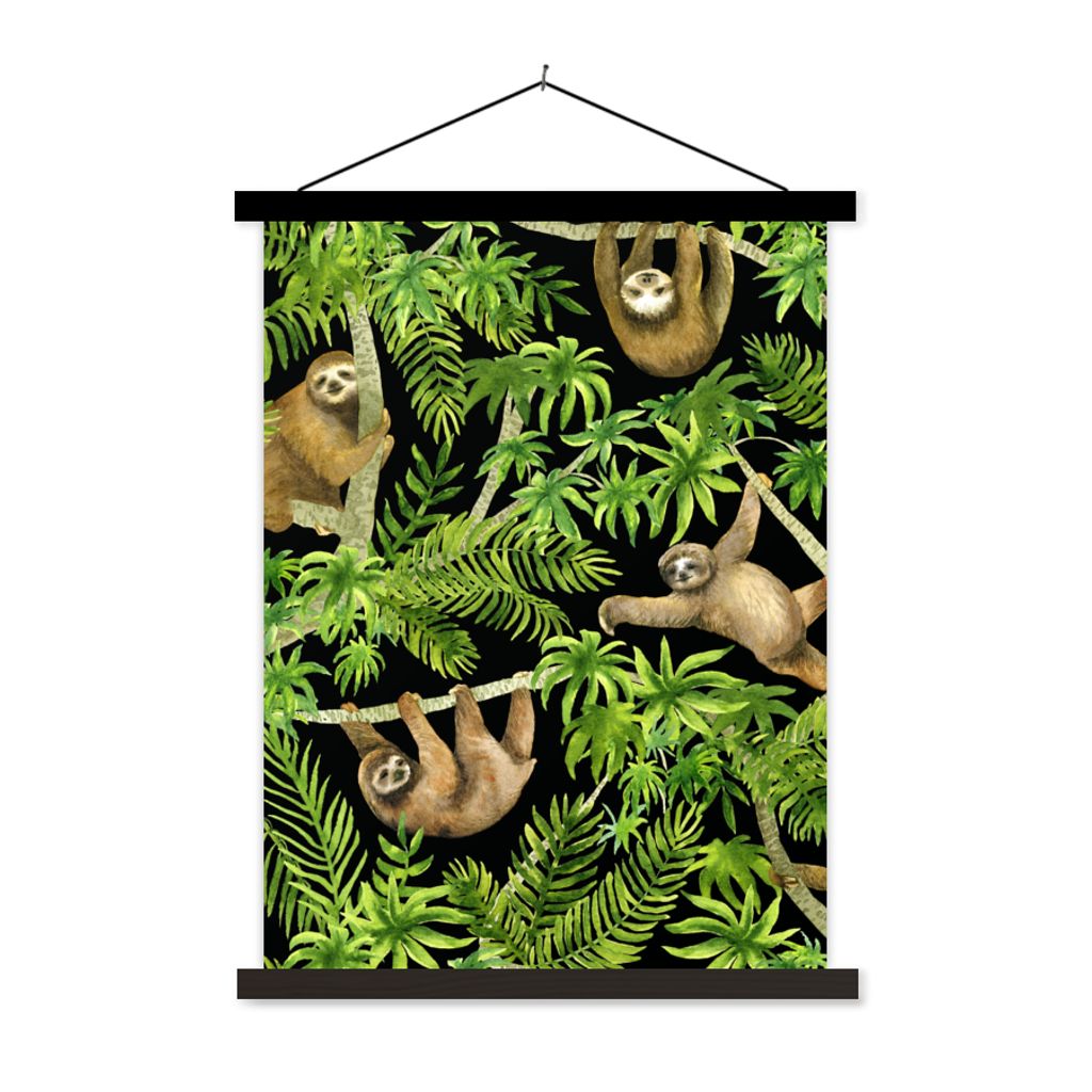 MuchoWow Textilposter Faultier - Palme - Muster - Jungen - Mädchen - Kinder - Kind 90x120 cm mit schwarzem Rahmen - Dekoration