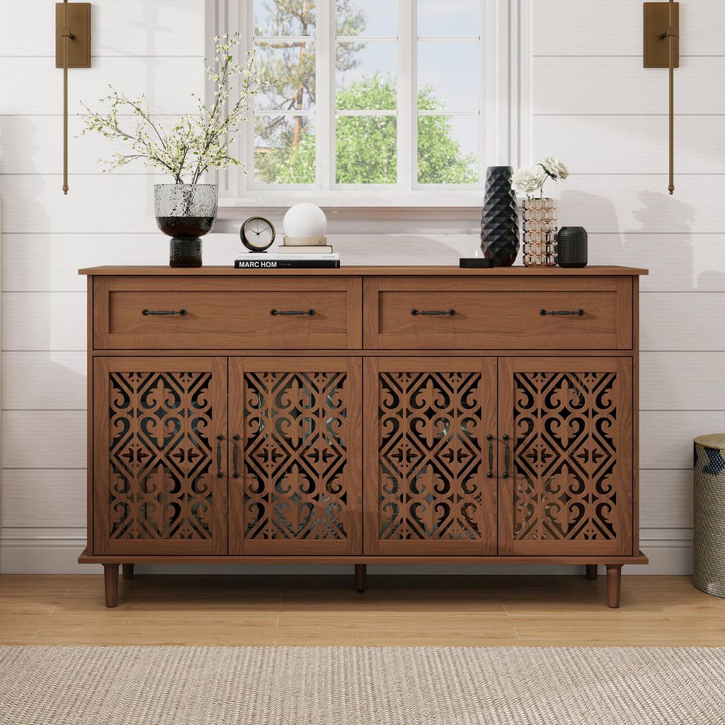 Sideboard mit geschnitztem Lochdesign - Nussbaumfarben - 4 Türen und 2 Schubladen - Höhenverstellbare Regale und Retro-Metallgriffe - Stabile Mas...