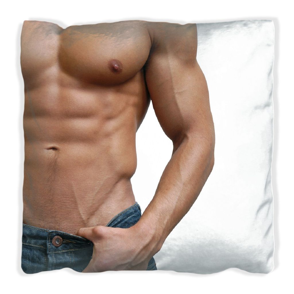 Wallario Premium Kissen, weiche Oberfläche, mit Motiv Halbnackter Mann mit Jeans, Größe: 60 x 60 cm, mit weißer Rückseite
